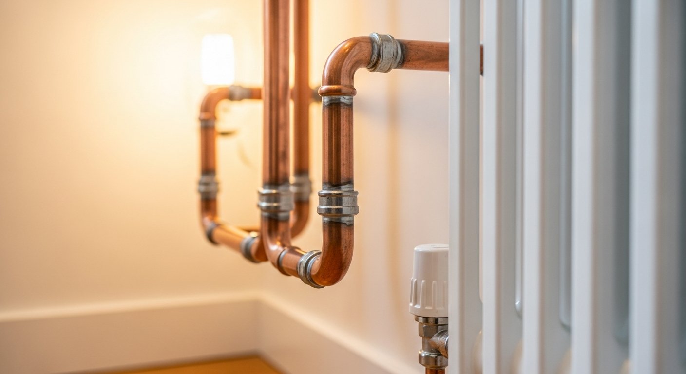 Clean copper pipework meeting a modern radiator in a Liverpool home, showcasing expert plumbing craftsmanship